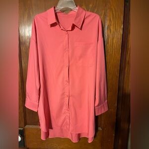 Coral-Pink Button-Up Tunic Length Shirt